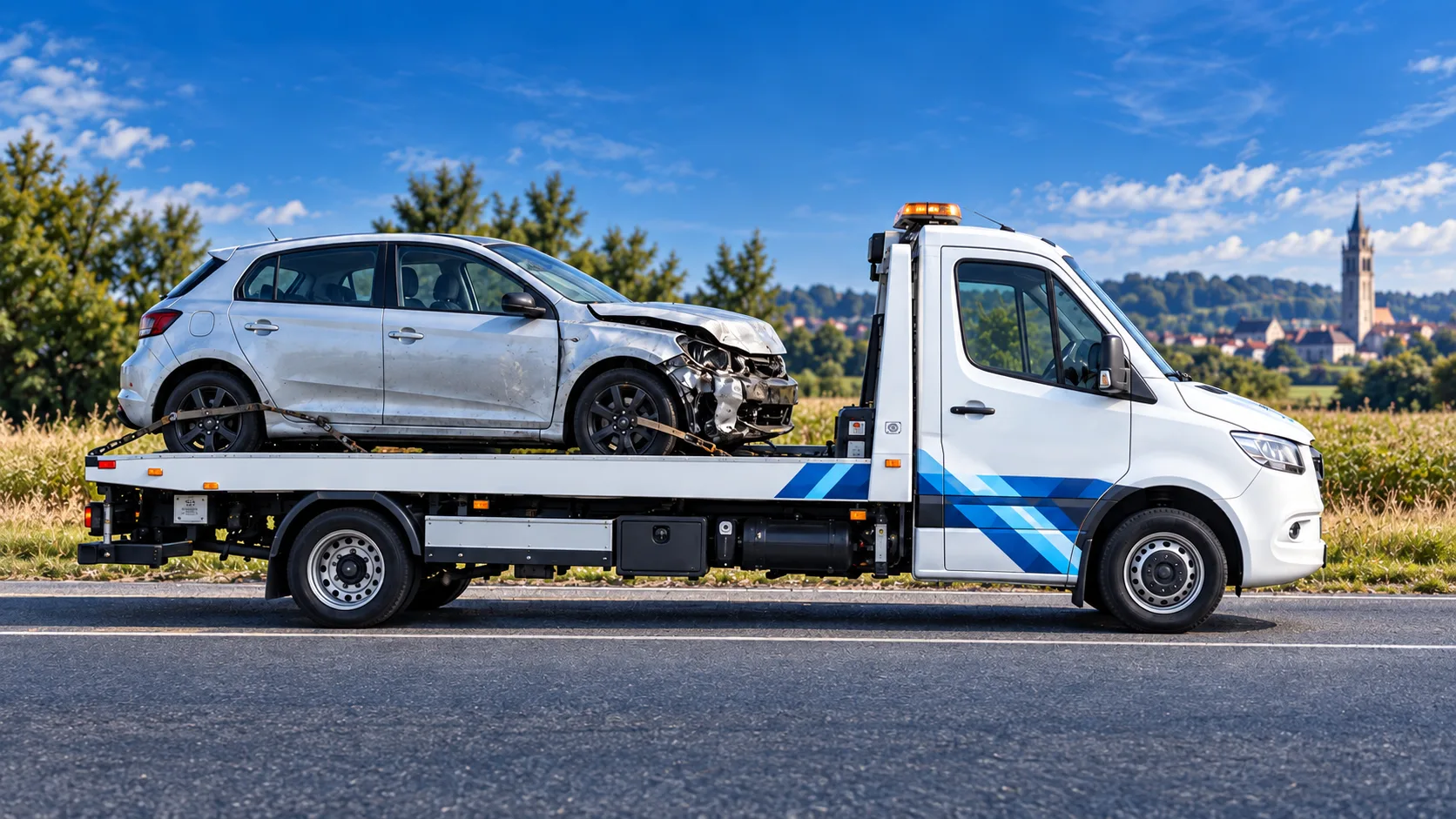 Voiture accidentée chargée sur un camion de dépannage